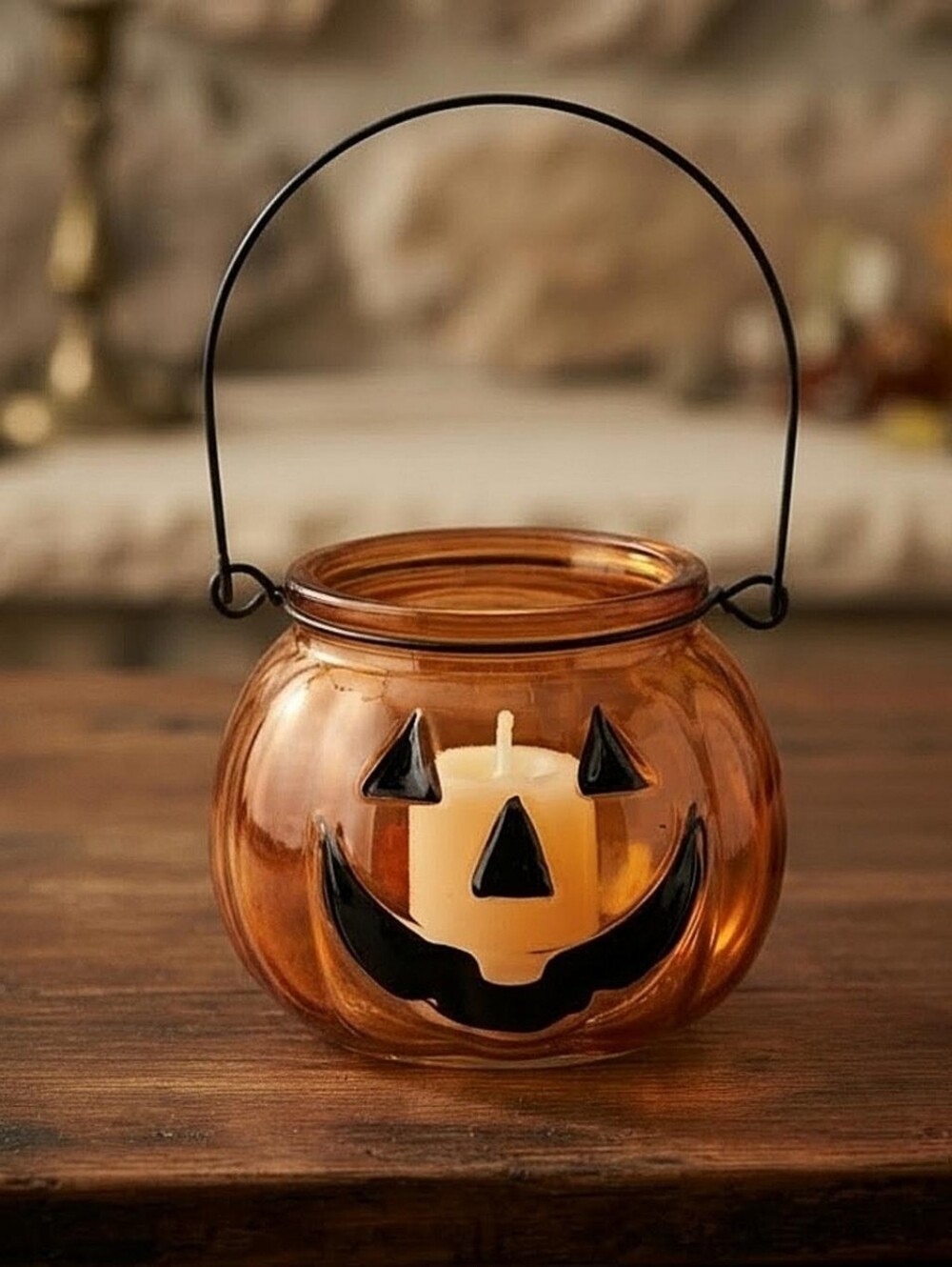 Vibrant Amber Glass Pumpkin Jack O Lantern Tealight Candle Holder Hanging Handle